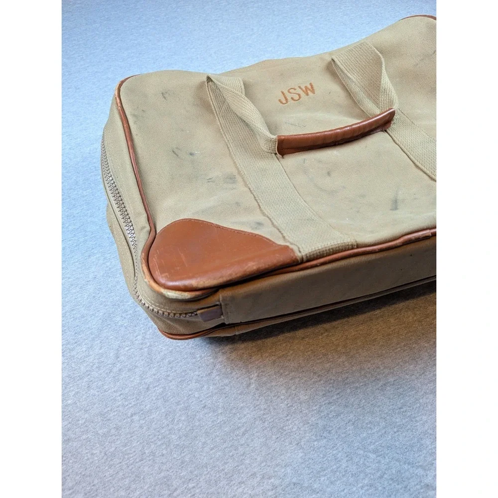 Vintage Lands' End Canvas Leather Trim Garment Bag Suiter Carry On Khaki Tan USA